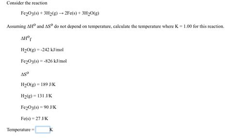 Solved Consider the reaction Fe_2O_3(s) + 3H_2(g) | Chegg.com