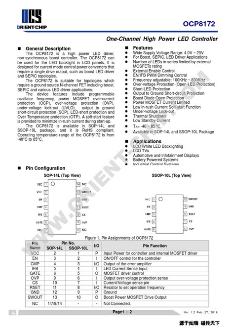 OCP8172 Orient Chip Controller Hoja de datos Ficha técnica