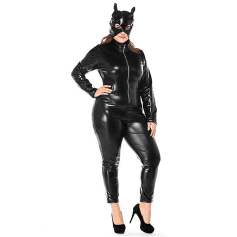 2019 Plus Size Halloween Catwoman Costume Sexy Black Faux Leather Catsuit Front Zipper Stretch