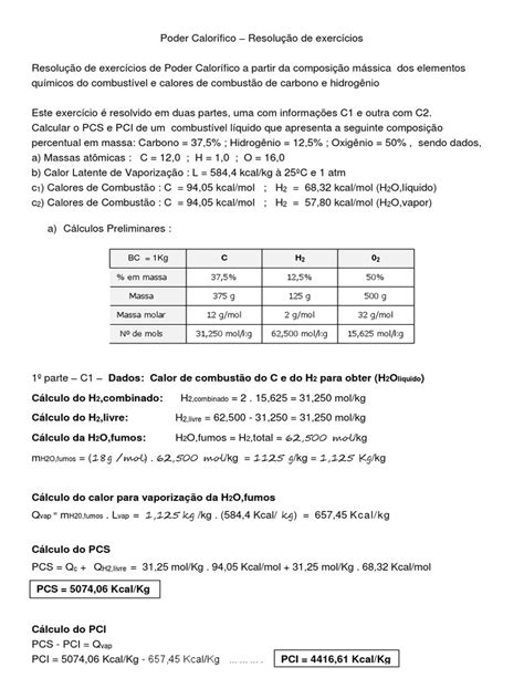 Cálculo Do Poder Calorífico Superior E Inferior De Um Combustível A Partir De Sua Composição