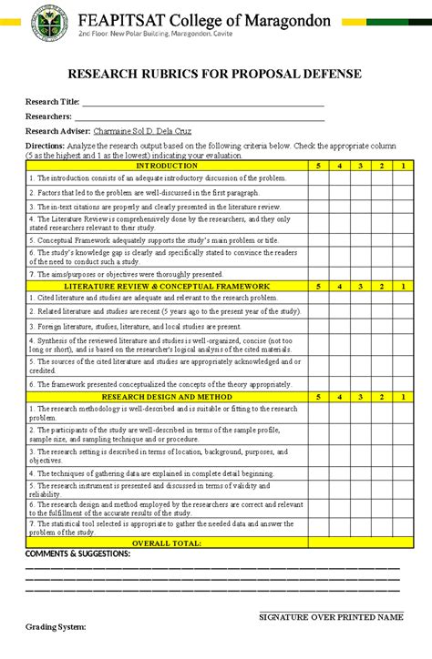 Research Rubrics FOR Proposal Defense RESEARCH RUBRICS FOR PROPOSAL