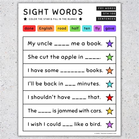 Sight Word Sentences Fill In The Blanks Fry S 5th 100 SET 7 Made