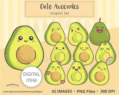 Clip Art De Aguacate Kawaii Lindo Medio Aguacates Con Etsy M Xico