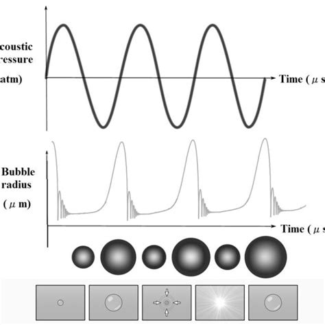 Stages of sonoluminescence in a collapsing bubble. From left to right ...