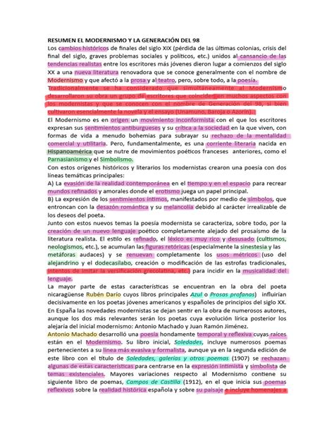 El Modernismo Y La GeneraciÓn Del 98 Resumen Pdf Poesía