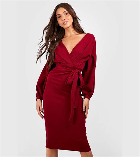 Buy Boohoo Off The Shoulder Wrap Midi Dress In Berry 6thstreet Qatar