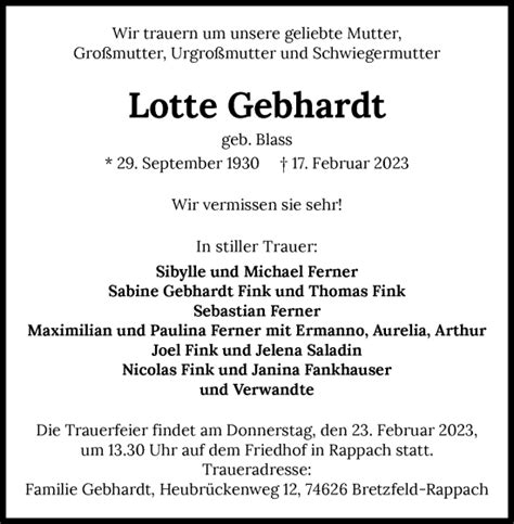 Traueranzeigen Von Lotte Gebhardt Trauerundgedenken De