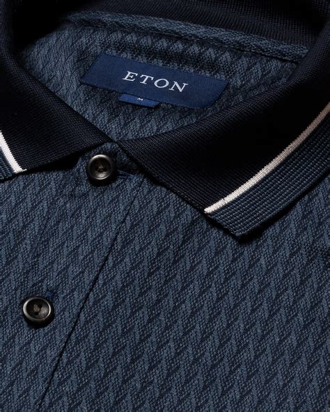 Navy Filo Di Scozia Jacquard Polo Shirt Long Sleeve Eton