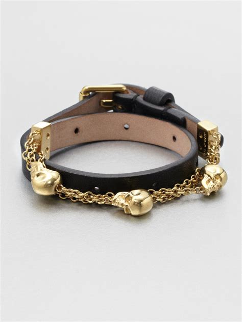 Lyst Alexander Mcqueen Leather And Chain Skull Wrap Bracelet In Black