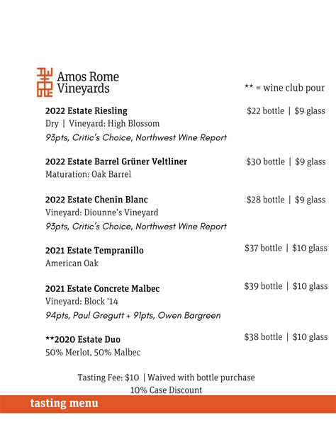 Current Tasting List Amos Rome Vineyards