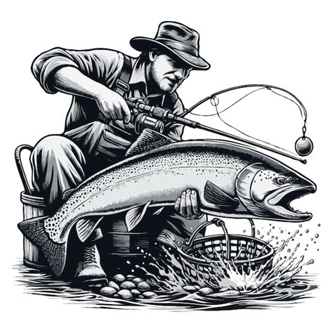 Fisherman Catch The Big Steelhead Trout Fish White Illustration