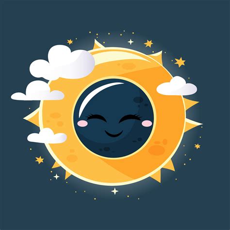 Hand drawn solar eclipse concept. Cute vector design with smiling moon ...