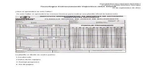 Instrucciones Para Diligenciar La Planilla De Baloncesto Pdf Document