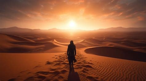 Un Hombre Camina Por El Desierto Al Atardecer Foto Premium