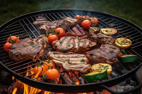 Surtido De Carnes A La Parrilla Con Verduras En Parrilla Con Humo Y