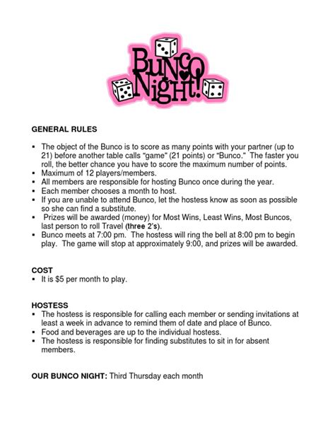 Bunco Rules Printable