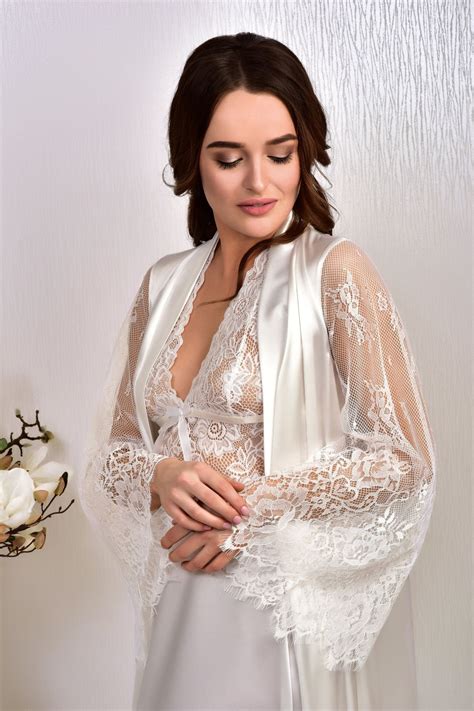 Ivory Bridal Robe Bridal Lace Bridal Kimono Wedding Kimono Lace