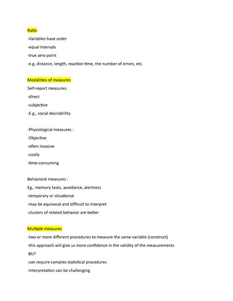 Psych 310 Notes Ch 4 Ratio Variables Have Order Equal Intervals