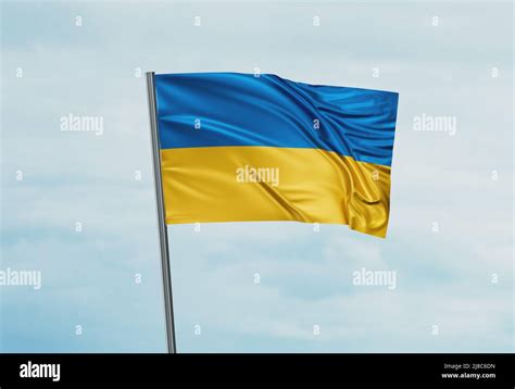 Ukraine National Flag Waving In The Wind Sky Background 3d