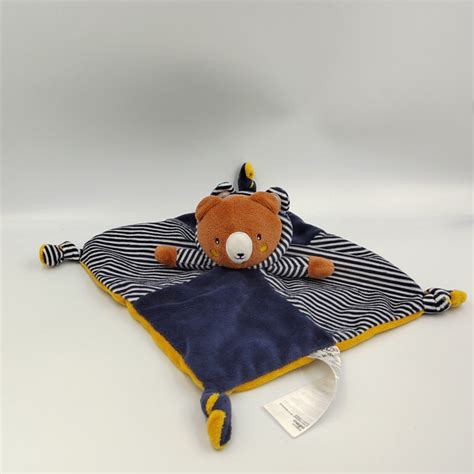 Doudou Plat Ours Marron Bleu Jaune Ray Gemo