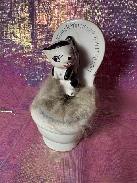 Vintage Fuzzy Skunk On Toilet Figurine Etsy