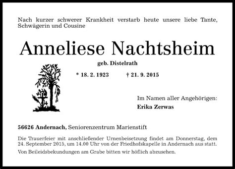 Traueranzeigen Von Anneliese Nachtsheim Rz Trauer De