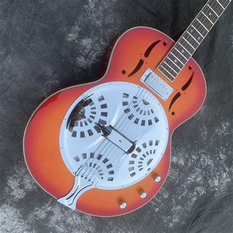 2023 Top Quality Metal Top Double F Top Red Back 6 Strings Dobro Resonator Steel Electric Guitar