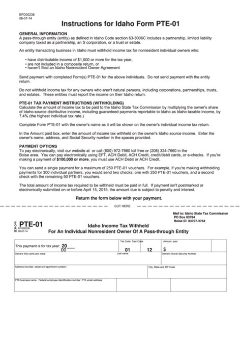 Fillable Form Pte Idaho Income Tax Withheld For An Individual