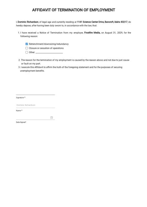 Affidavit Of Termination Of Employment Template Word Google Docs