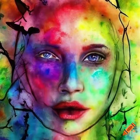 Vibrant And Colorful Surreal Woman S Face In A Forest With Gothic And