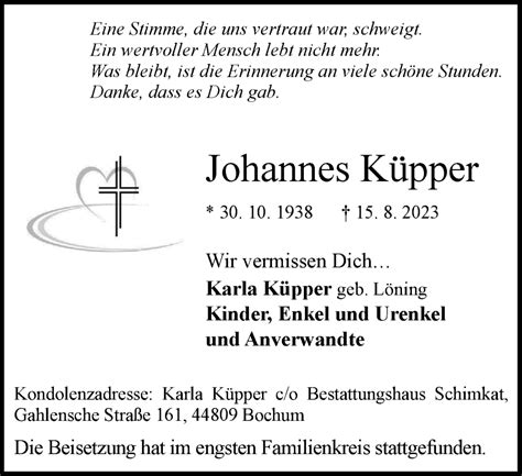 Traueranzeigen von Johannes Küpper Trauer in NRW de