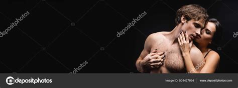 Brunette Woman Touching Face Shirtless Boyfriend Isolated Black Banner