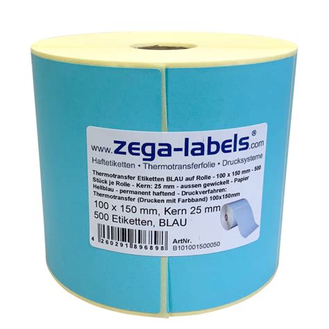 Thermotransfer Etiketten BLAU auf Rolle 100 x 150 mm 500 Stück je