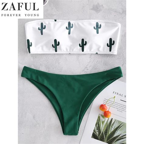 Zaful Cactus Print Tube Bikini Set Women Bandeau Bikini Sexy Swimwear