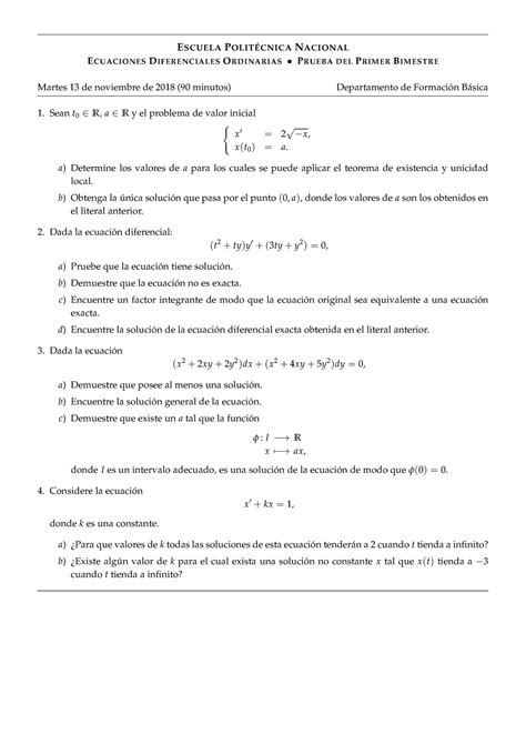 Solución Primera prueba EDO 1er orden ESCUELA POLITÉCNICA NACIONAL