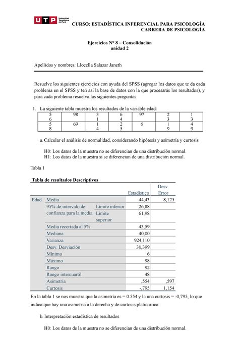 Ejercicios 8 Estadistica Inferencial Utp Curso EstadÍstica Inferencial Para PsicologÍa