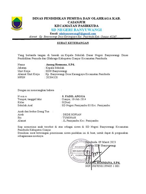 Surat Keterangan Bersedia Menerima Siswa Pindahan Pdf