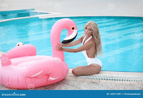 Fashion Blond Model Woman In White Bikini Posing On Pink In Stock Image Image Of Happy Bird