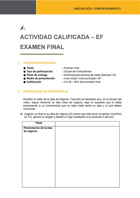 Examen Final DE Innovacion ACTIVIDAD CALIFICADA EF EXAMEN FINAL I