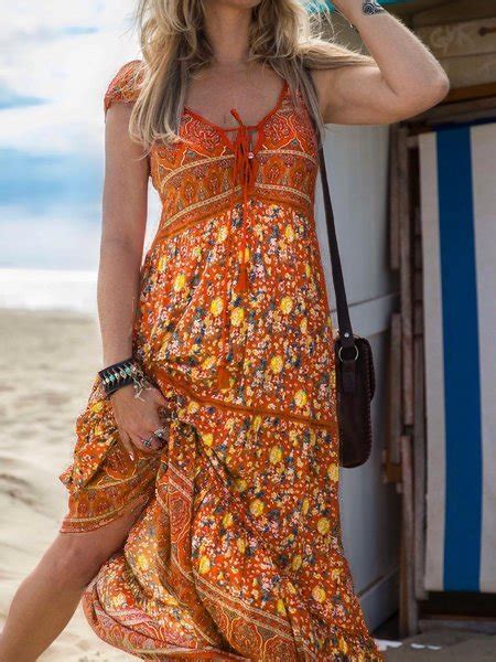 Polyester Fibre Boho Printed V Neck Midi Dress Noracora