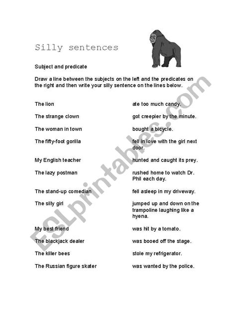 English Worksheets Silly Sentences Subjects And Predicates