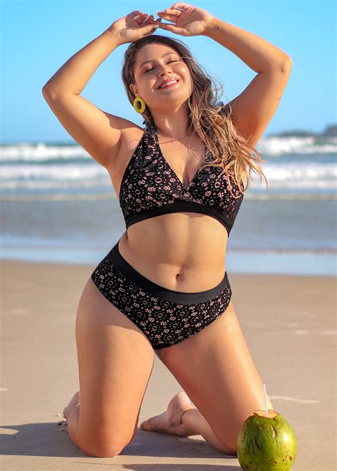 Plus Size Black Lace Mid Waist Bikini Set Modlily USD