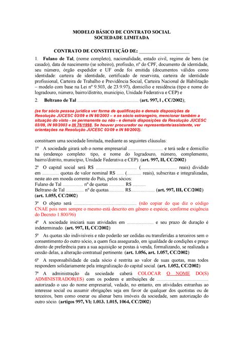 109598257 Modelo de Contrato Social Sociedade Limitada - MODELO BÁSICO