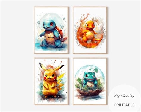 Set of 4 Pokémon Wall Art Watercolor Digital Prints Nursery Bedroom