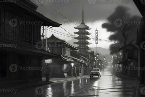 Asian City Landscape Black And White Neural Network Ai Generated