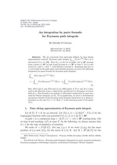 PDF An Integration By Parts Formula For Feynman Path Integrals