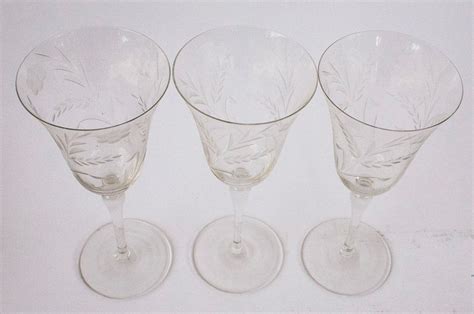 3 Etched Crystal Stem Glasses Wheat Pattern Wine Goblet Etsy