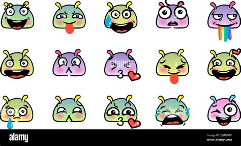 Various Cartoon Emoticons Set With Snails Or Slugs Doodle Faces Eyes