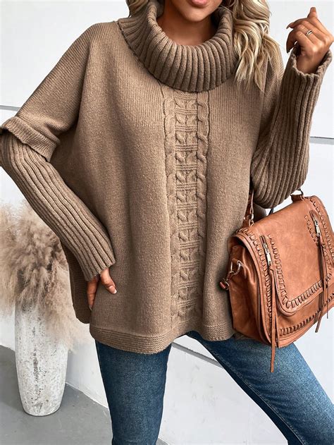 Shein Lune Poncho Col Roul Manches Chauve Souris Fendu En Tricot