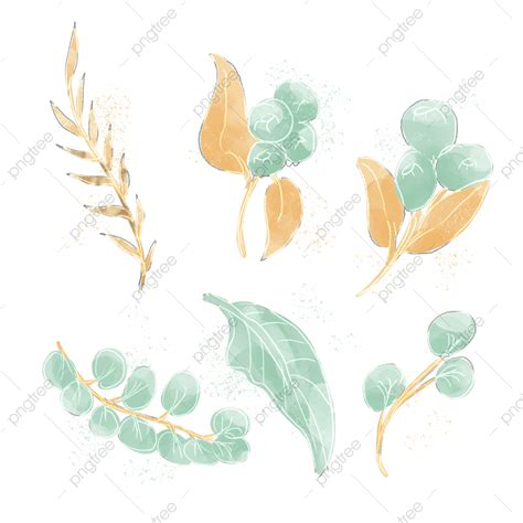 Watercolor Leaves Set For Decorating With Yellow And Green Color